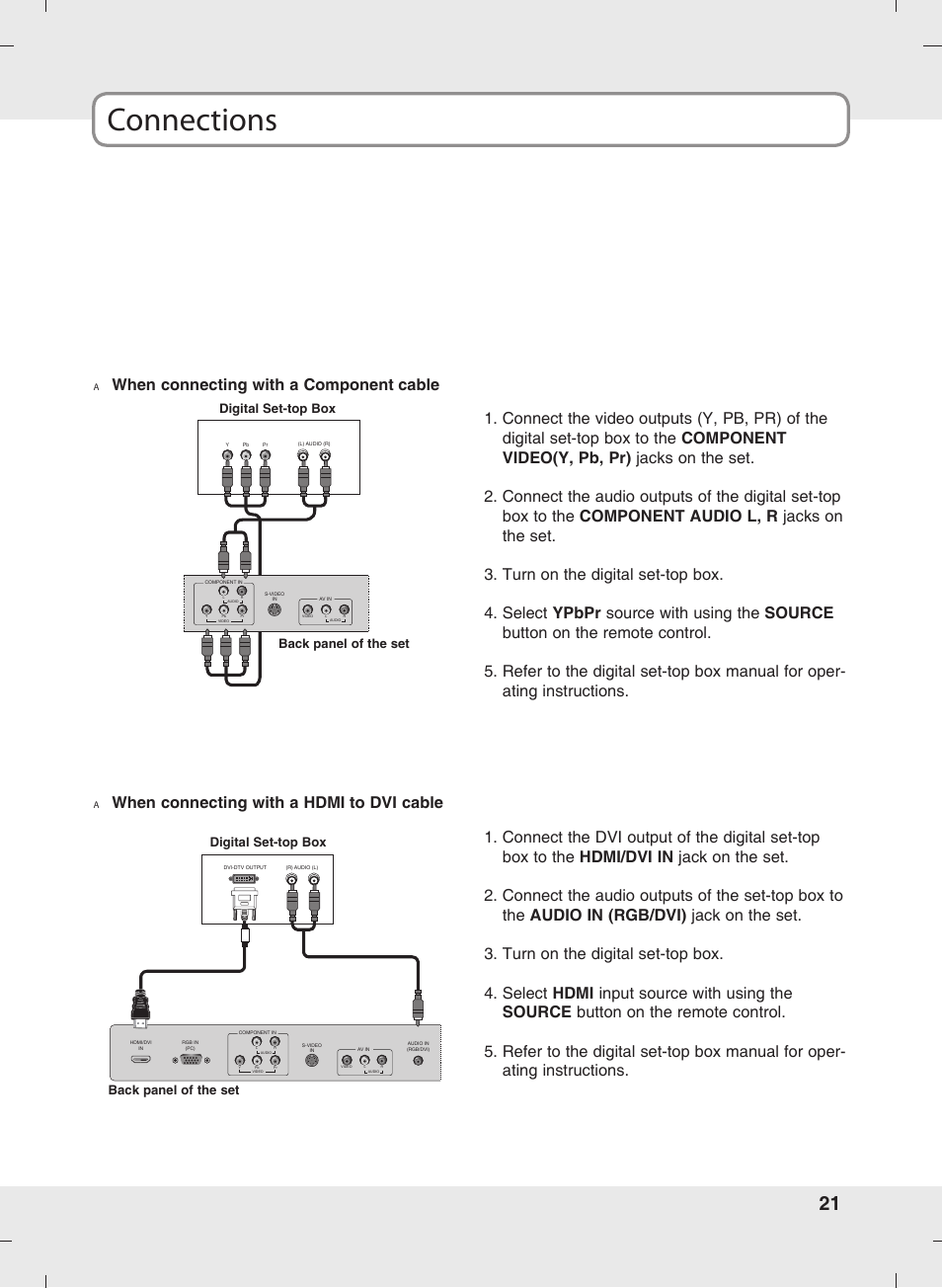 Connections, When connecting with a component cable, When connecting with a hdmi to dvi cable | SOYO MT-SYJCP32B1AB User Manual | Page 21 / 74