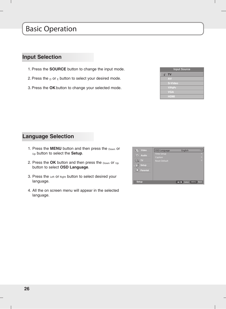 Basic operation, Input selection, Language selection | SOYO MT-SYJCP32B1AB User Manual | Page 26 / 74