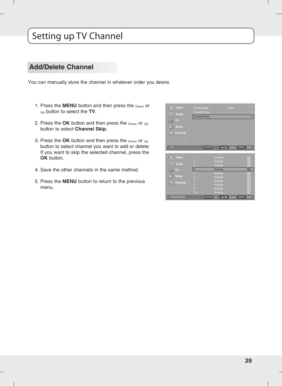 Setting up tv channel, Add/delete channel | SOYO MT-SYJCP32B1AB User Manual | Page 29 / 74
