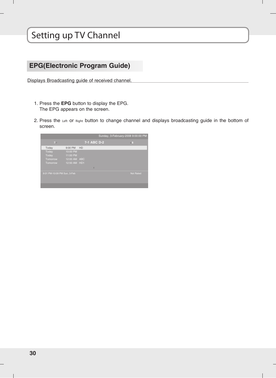 Setting up tv channel, Epg(electronic program guide) | SOYO MT-SYJCP32B1AB User Manual | Page 30 / 74
