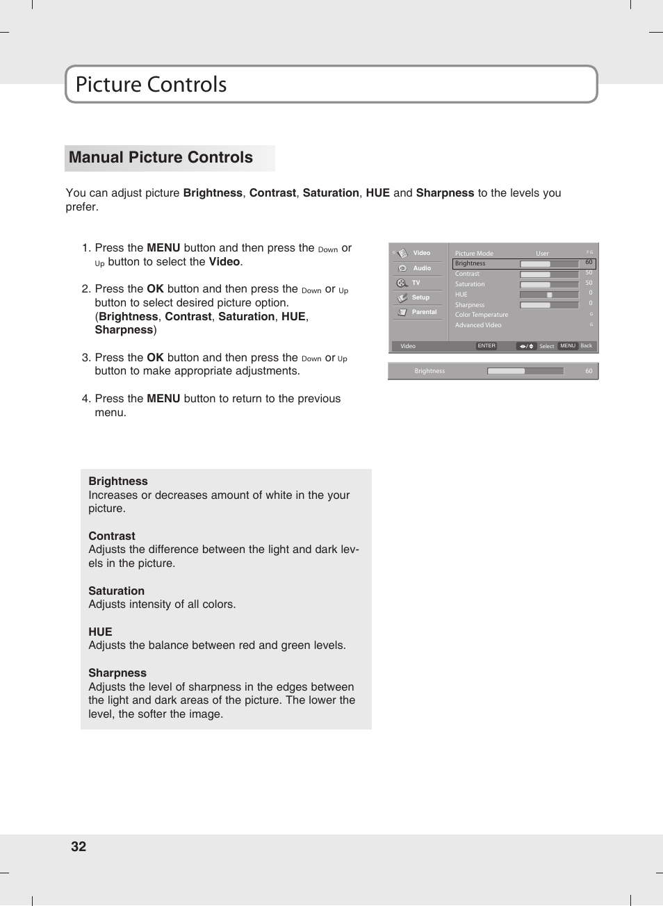 Picture controls, Manual picture controls | SOYO MT-SYJCP32B1AB User Manual | Page 32 / 74