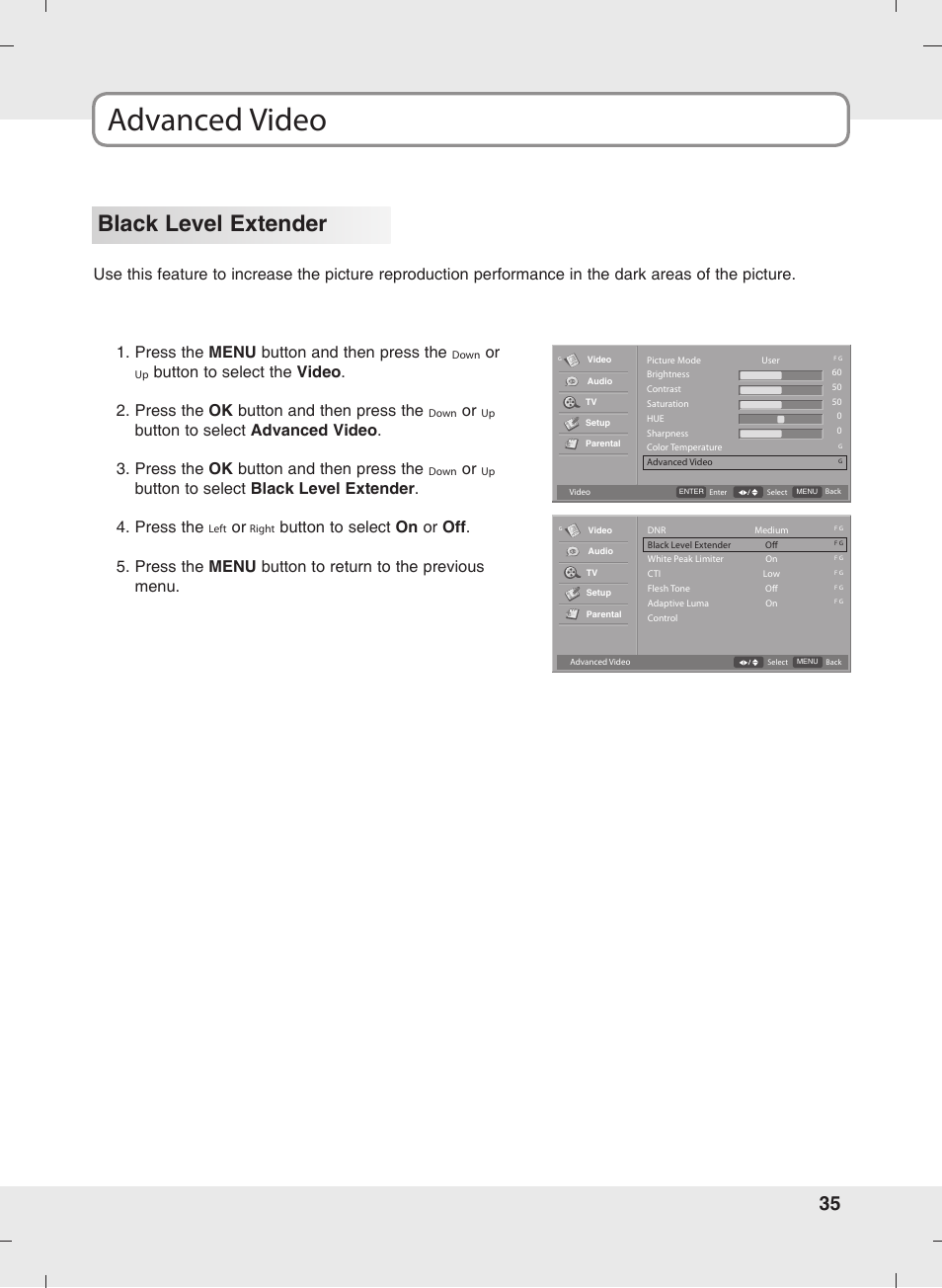 Advanced video, Black level extender | SOYO MT-SYJCP32B1AB User Manual | Page 35 / 74