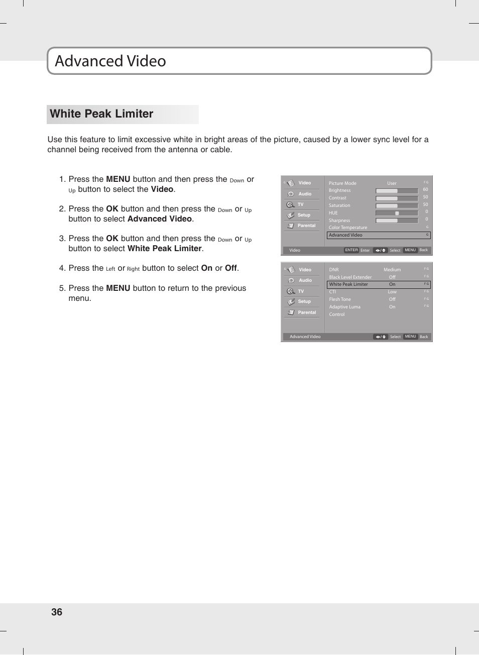 Advanced video, White peak limiter, Button to select white peak limiter . 4. press the | SOYO MT-SYJCP32B1AB User Manual | Page 36 / 74