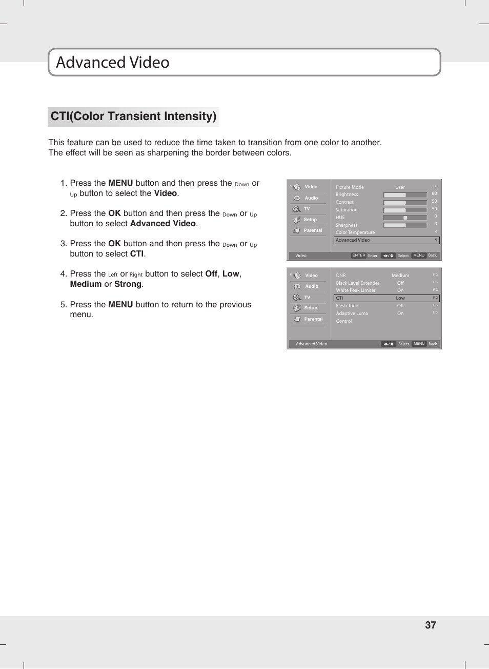 Advanced video, Cti(color transient intensity), Button to select cti . 4. press the | SOYO MT-SYJCP32B1AB User Manual | Page 37 / 74