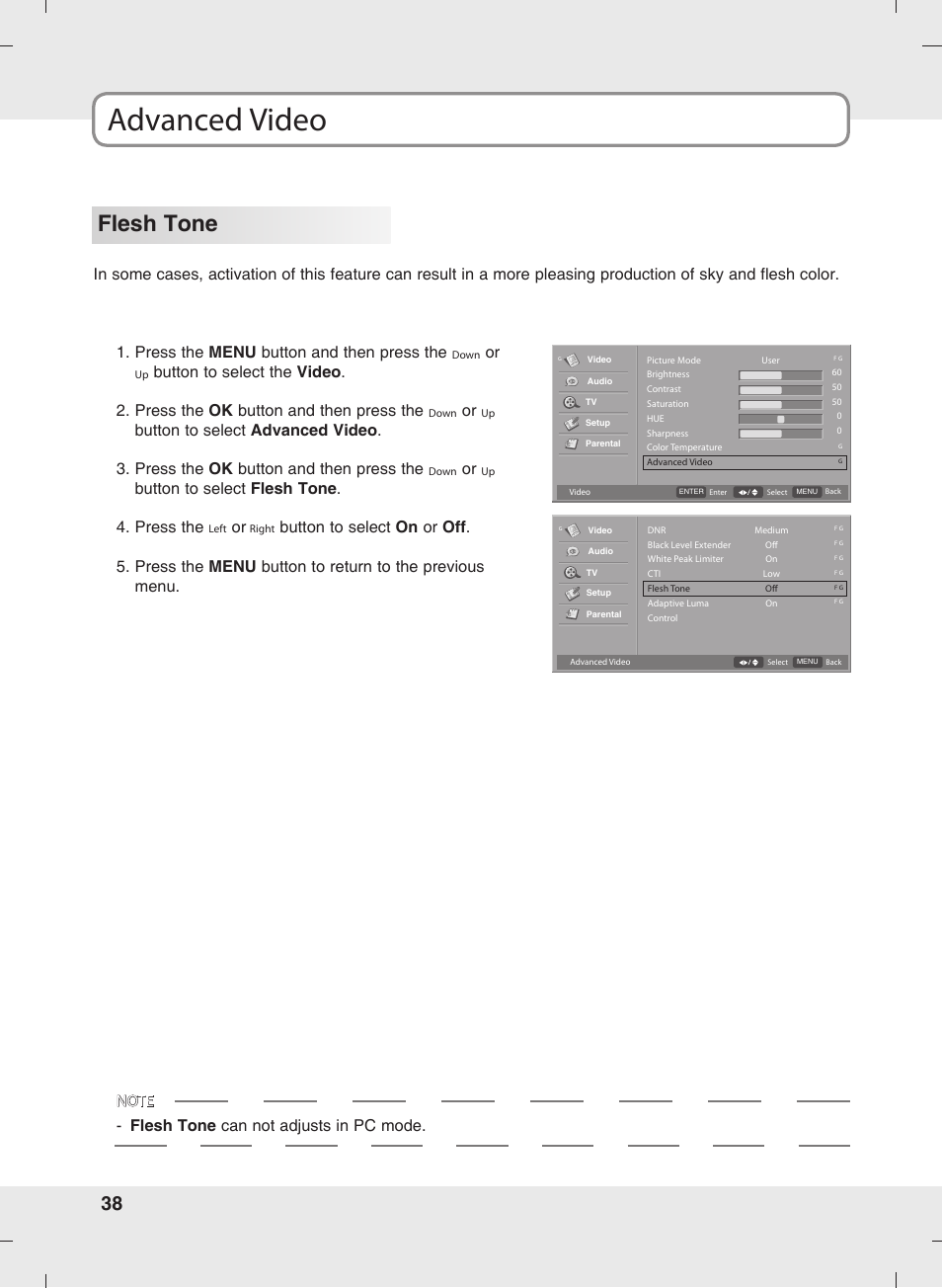 Advanced video, Flesh tone, Button to select flesh tone . 4. press the | SOYO MT-SYJCP32B1AB User Manual | Page 38 / 74