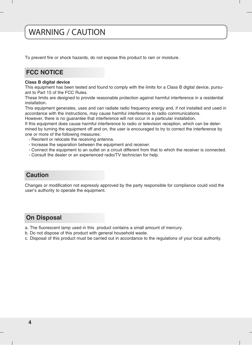 Warning / caution, Fcc notice on disposal, Caution | SOYO MT-SYJCP32B1AB User Manual | Page 4 / 74