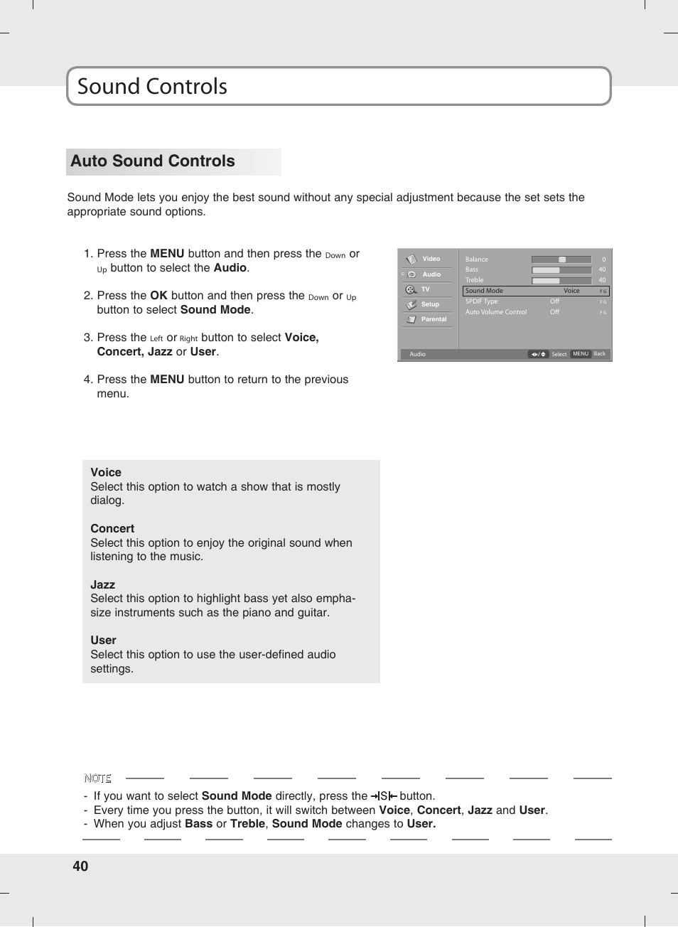 Sound controls, Auto sound controls | SOYO MT-SYJCP32B1AB User Manual | Page 40 / 74