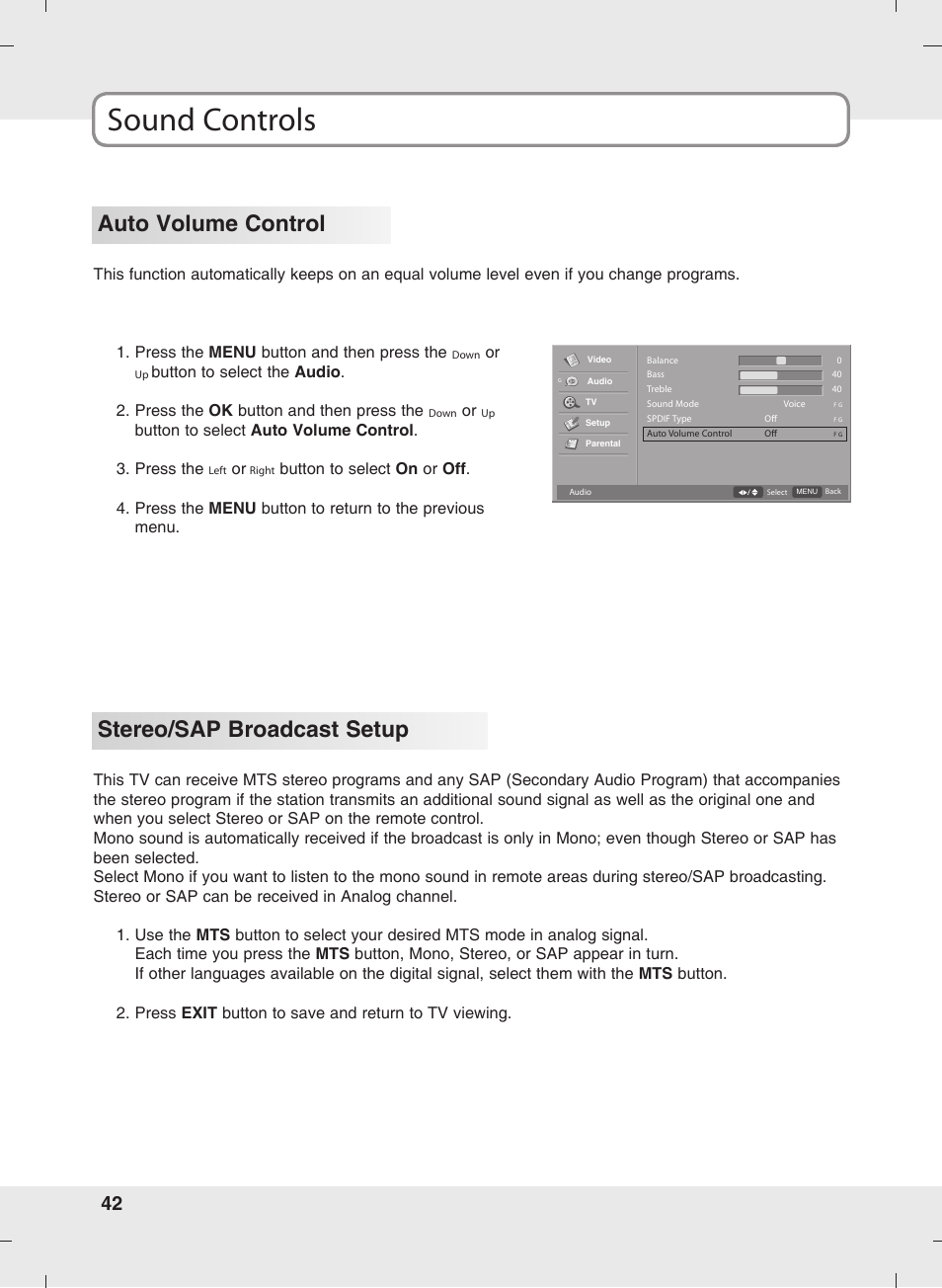 Sound controls, Stereo/sap broadcast setup, Auto volume control | SOYO MT-SYJCP32B1AB User Manual | Page 42 / 74
