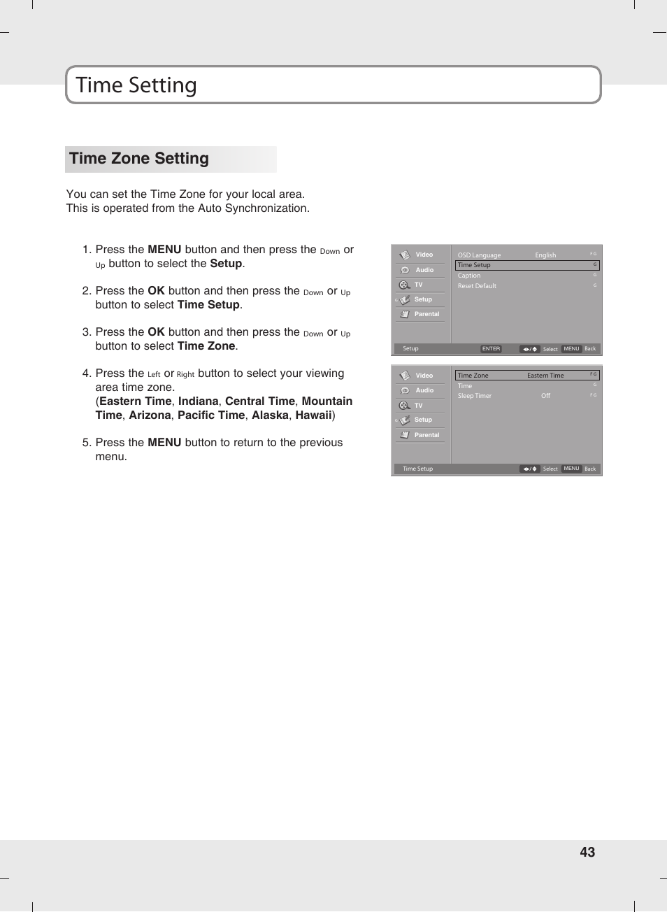 Time setting, Time zone setting, Button to select time zone . 4. press the | SOYO MT-SYJCP32B1AB User Manual | Page 43 / 74