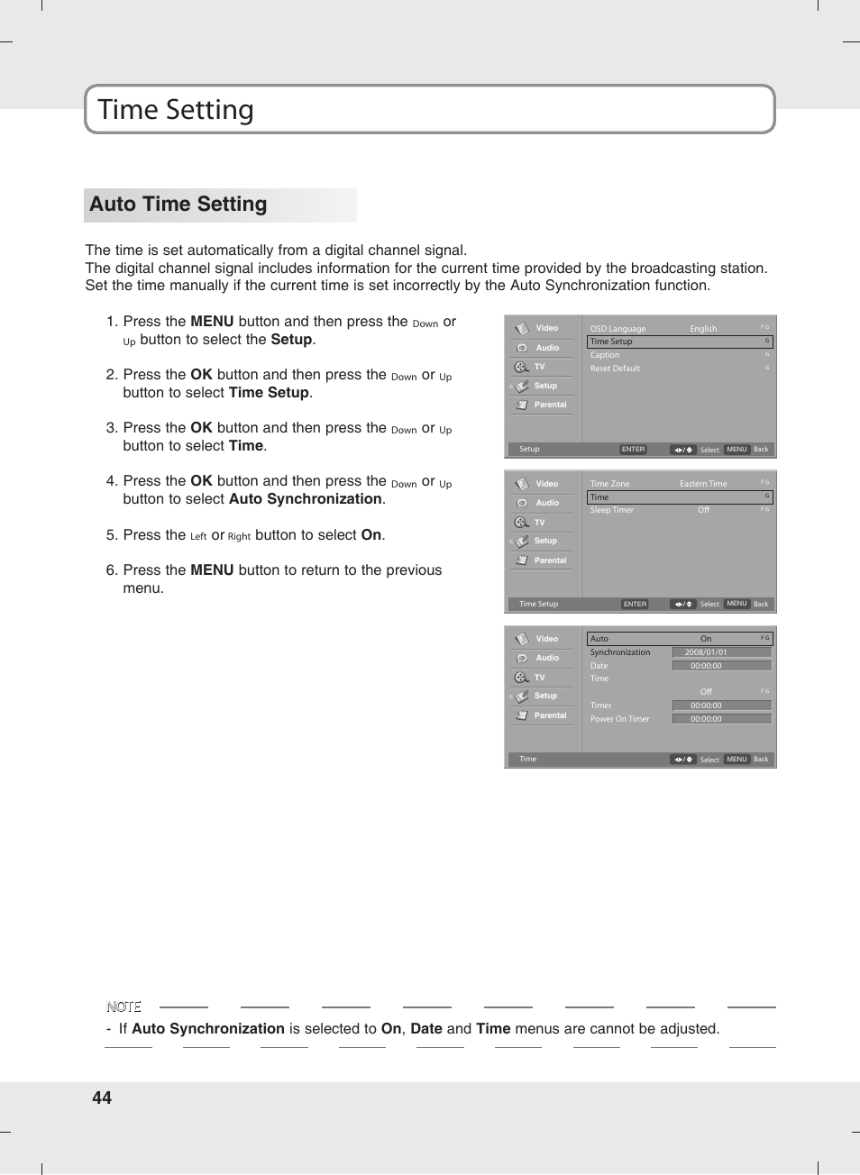 Time setting, Auto time setting | SOYO MT-SYJCP32B1AB User Manual | Page 44 / 74