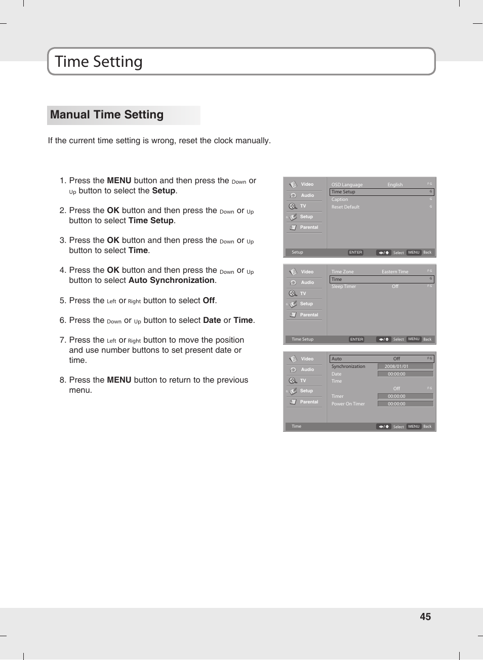 Time setting, Manual time setting, Button to select off . 6. press the | Button to select date or time . 7. press the | SOYO MT-SYJCP32B1AB User Manual | Page 45 / 74
