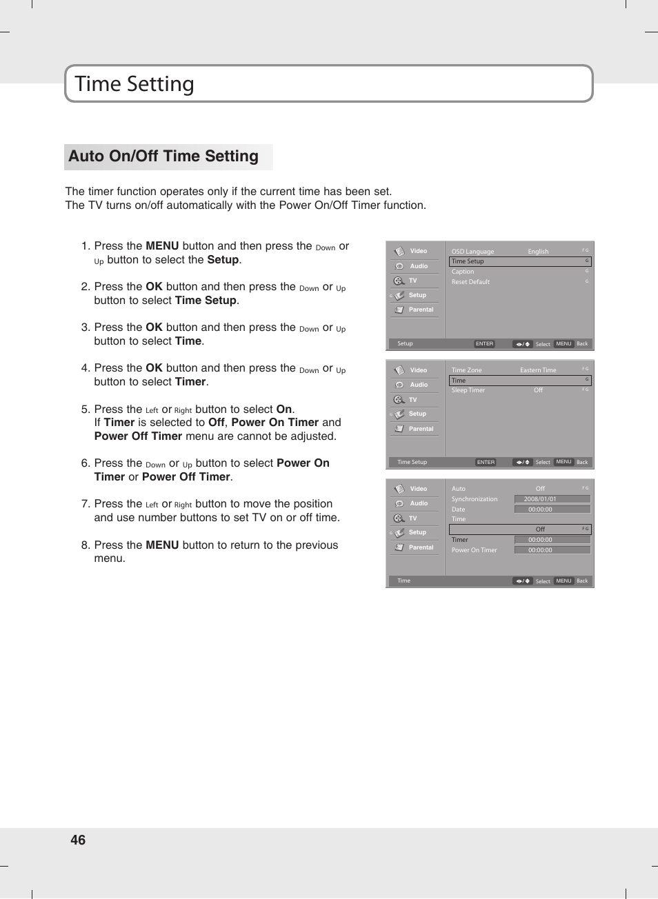 Time setting, Auto on/off time setting, Button to select timer . 5. press the | SOYO MT-SYJCP32B1AB User Manual | Page 46 / 74