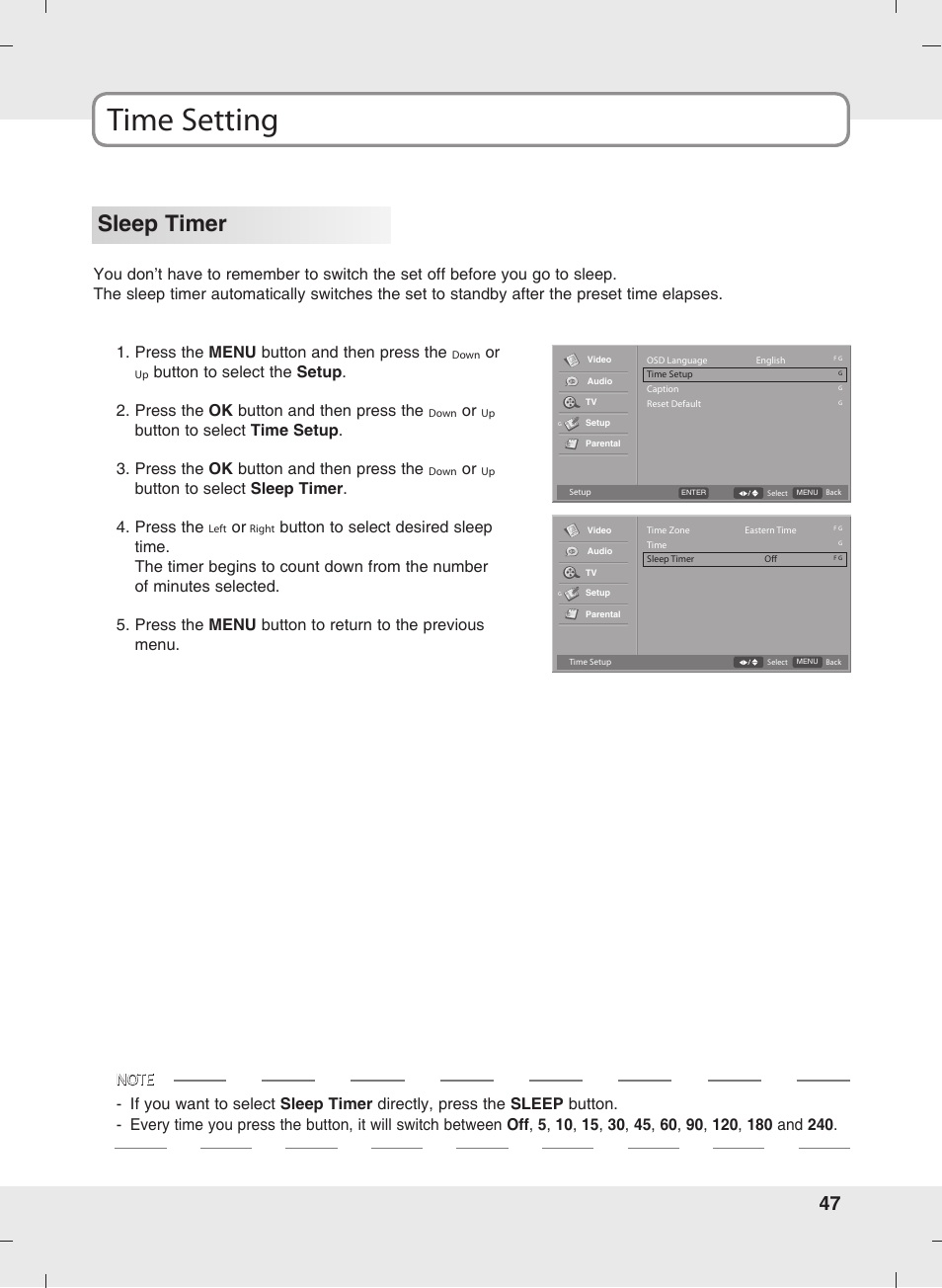 Time setting, Sleep timer, Press the menu button and then press the | Button to select sleep timer . 4. press the | SOYO MT-SYJCP32B1AB User Manual | Page 47 / 74