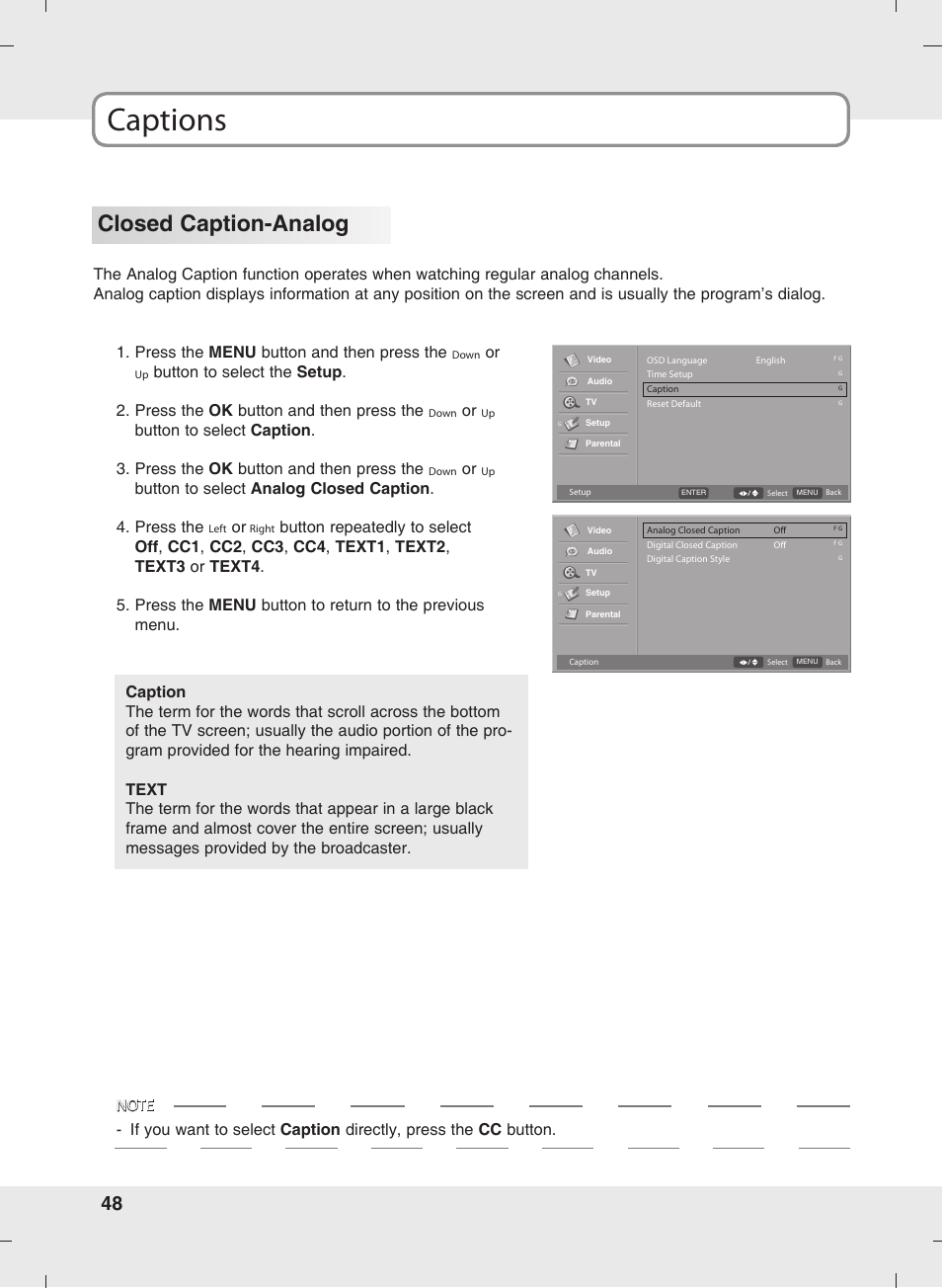 Captions, Closed caption-analog | SOYO MT-SYJCP32B1AB User Manual | Page 48 / 74