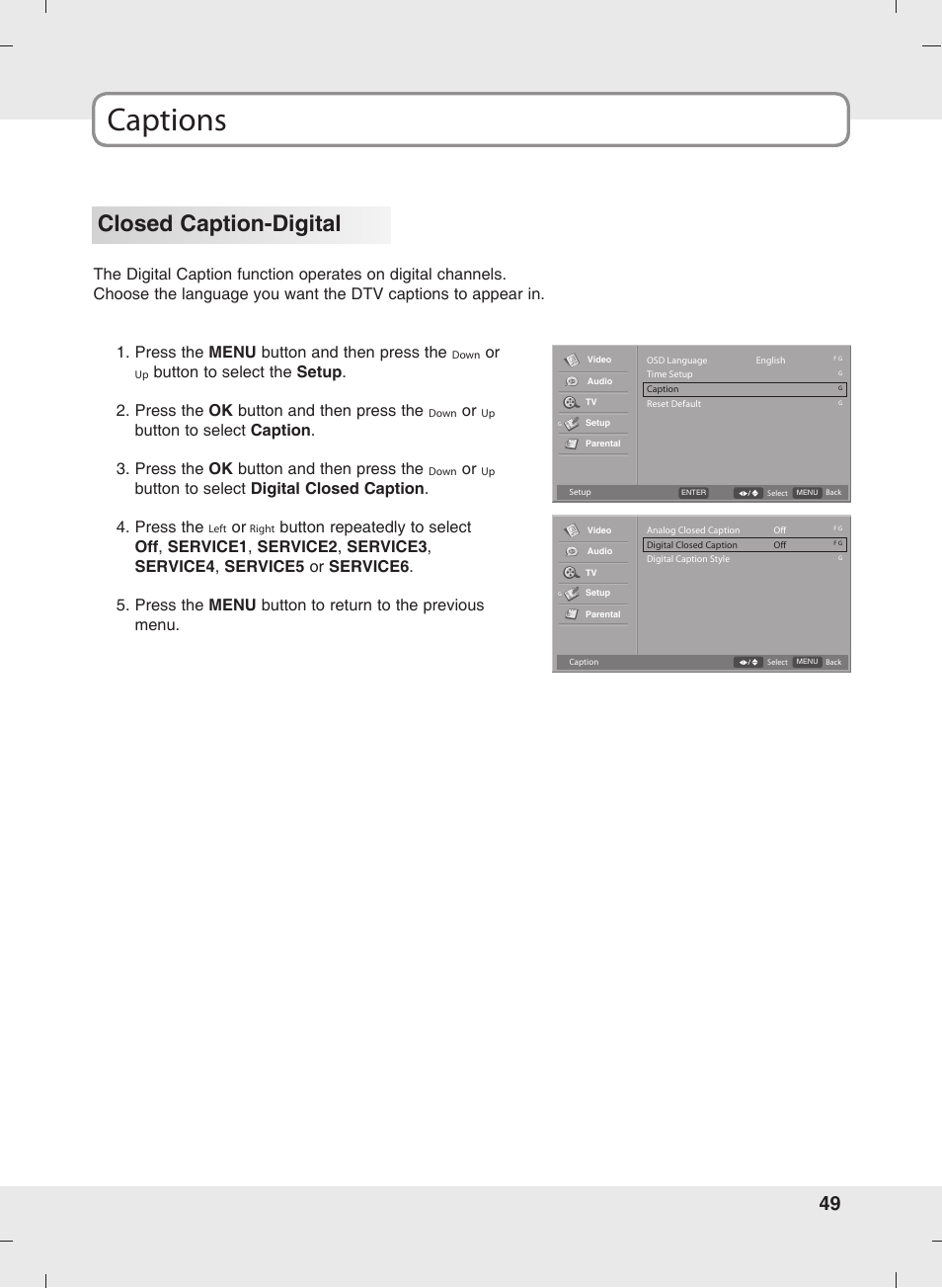 Captions, Closed caption-digital | SOYO MT-SYJCP32B1AB User Manual | Page 49 / 74