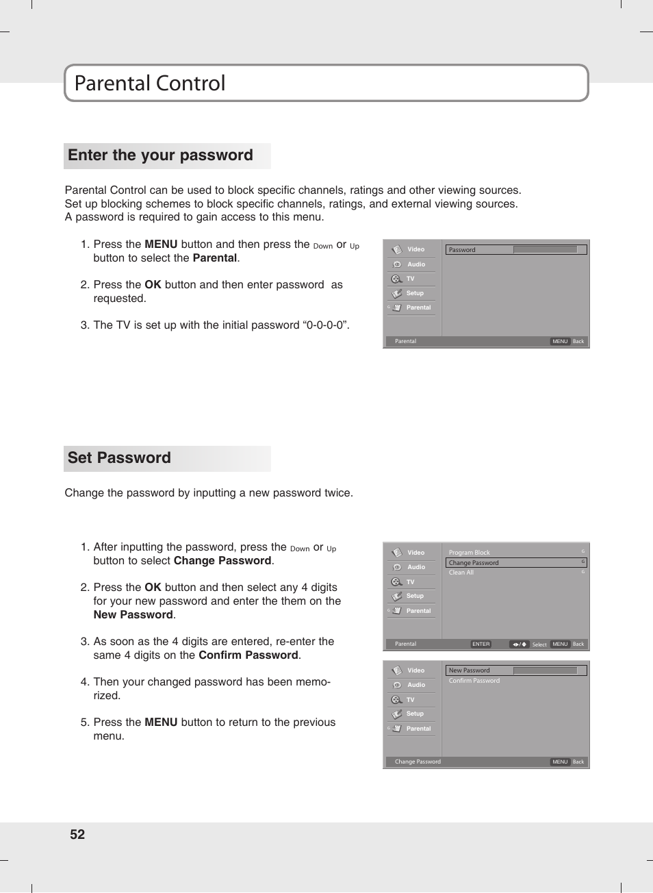 Parental control, Enter the your password, Set password | SOYO MT-SYJCP32B1AB User Manual | Page 52 / 74