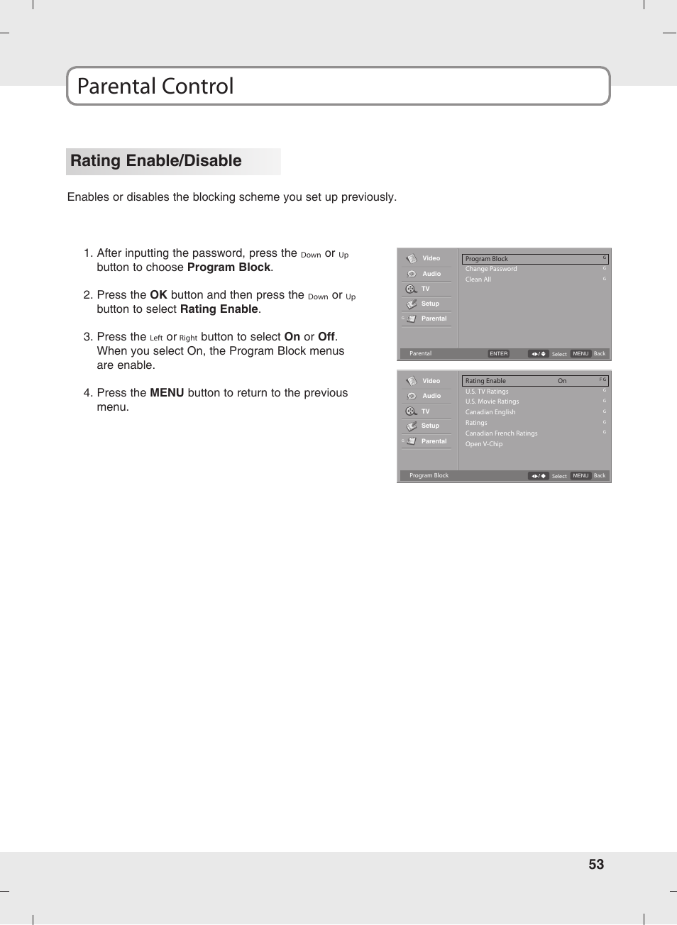 Parental control, Rating enable/disable, Button to select rating enable . 3. press the | SOYO MT-SYJCP32B1AB User Manual | Page 53 / 74