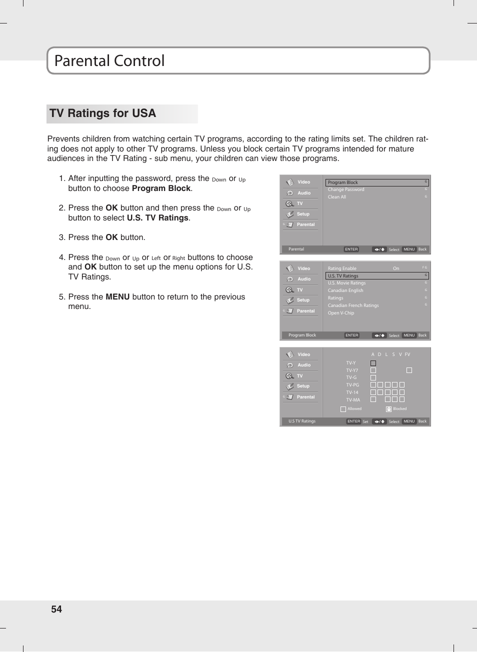 Parental control, Tv ratings for usa | SOYO MT-SYJCP32B1AB User Manual | Page 54 / 74