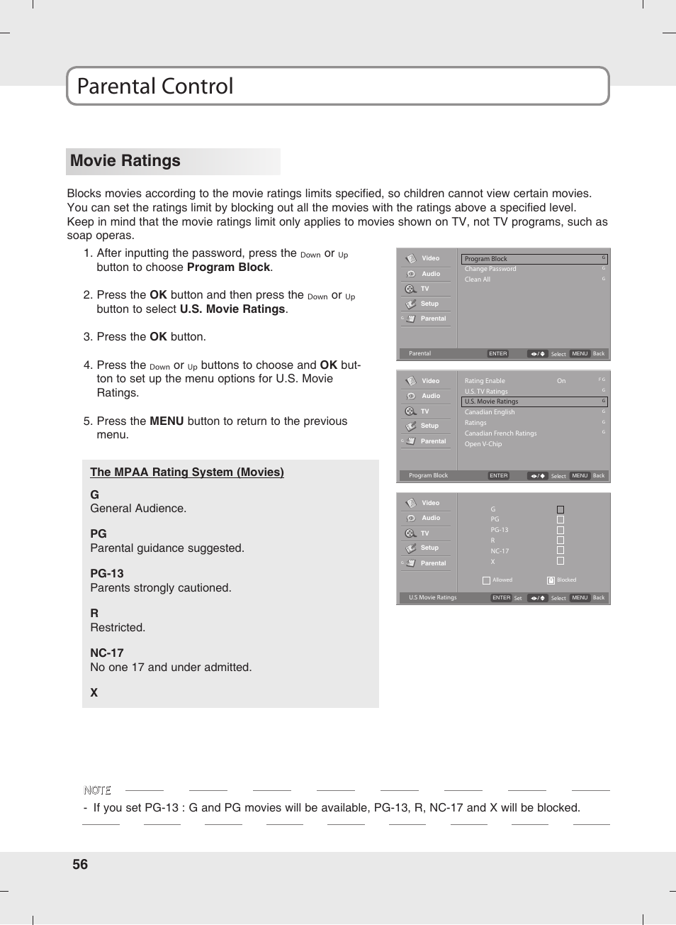 Parental control, Movie ratings | SOYO MT-SYJCP32B1AB User Manual | Page 56 / 74