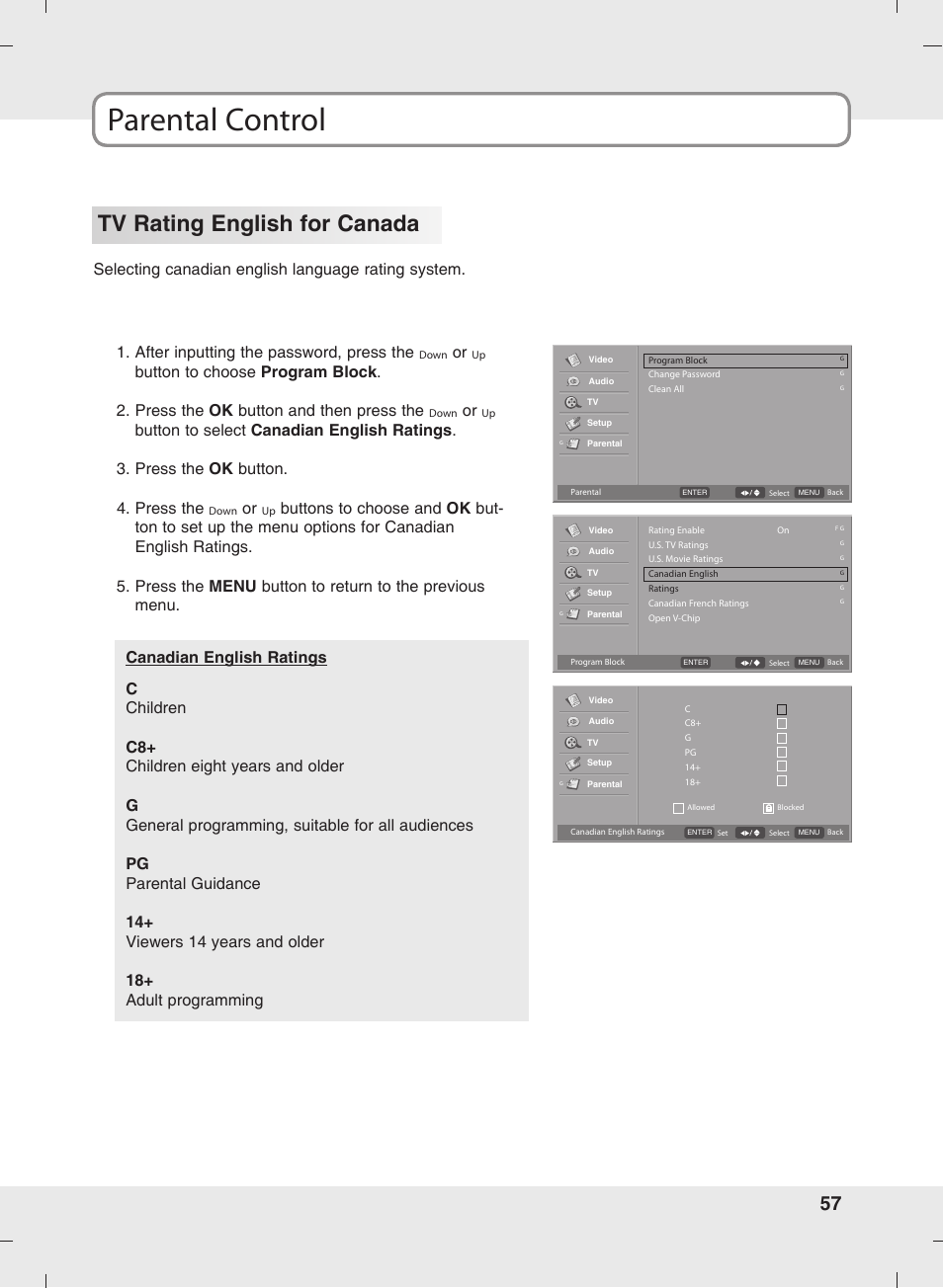 Parental control, Tv rating english for canada | SOYO MT-SYJCP32B1AB User Manual | Page 57 / 74