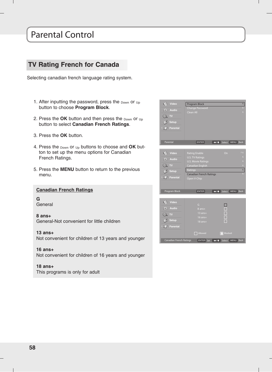 Parental control, Tv rating french for canada | SOYO MT-SYJCP32B1AB User Manual | Page 58 / 74