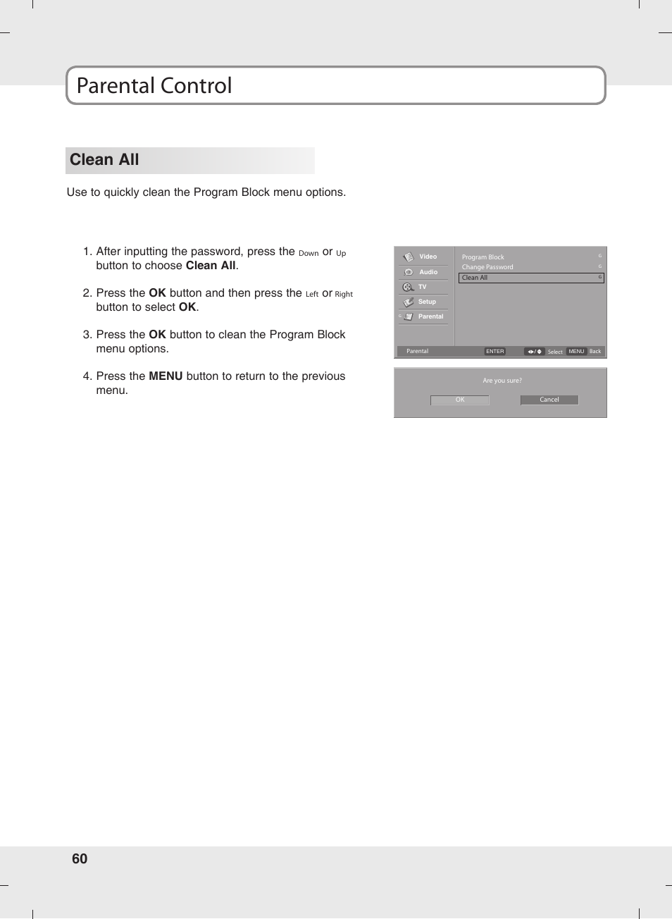 Parental control, Clean all | SOYO MT-SYJCP32B1AB User Manual | Page 60 / 74