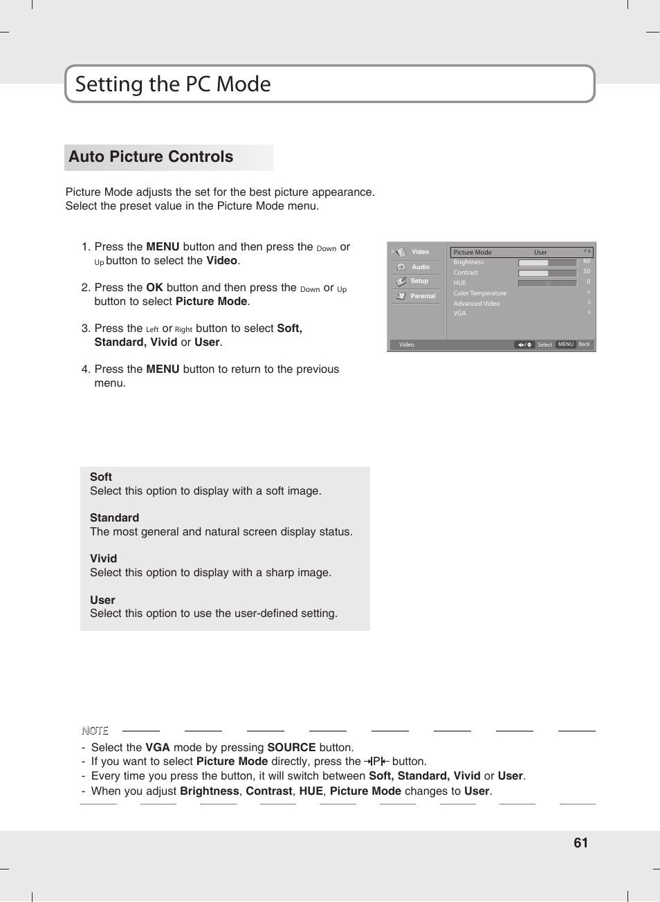 Setting the pc mode, Auto picture controls | SOYO MT-SYJCP32B1AB User Manual | Page 61 / 74