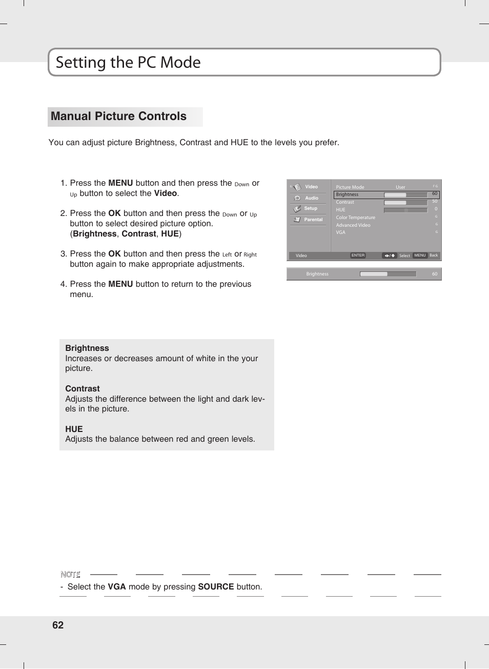 Setting the pc mode, Manual picture controls | SOYO MT-SYJCP32B1AB User Manual | Page 62 / 74