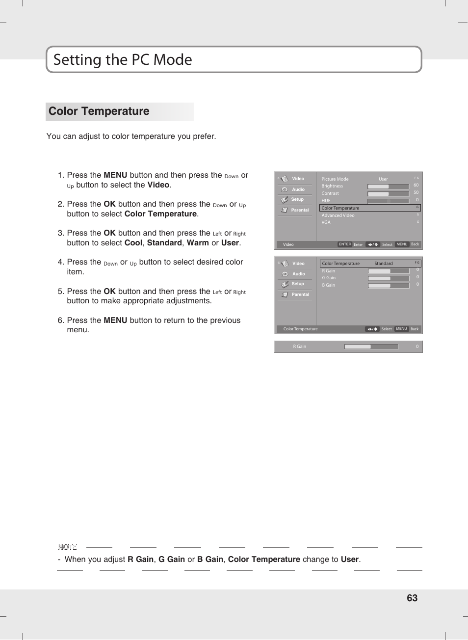 Setting the pc mode, Color temperature | SOYO MT-SYJCP32B1AB User Manual | Page 63 / 74