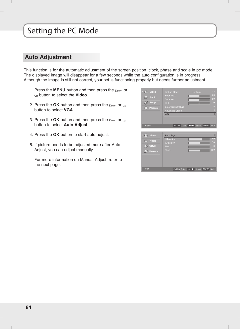 Setting the pc mode, Auto adjustment | SOYO MT-SYJCP32B1AB User Manual | Page 64 / 74