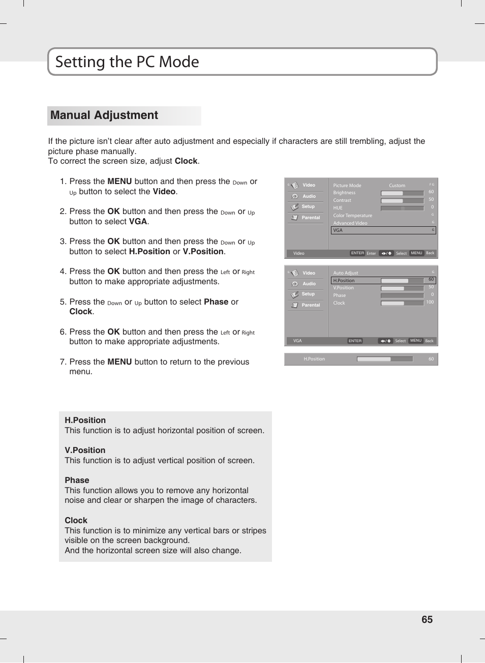 Setting the pc mode, Manual adjustment | SOYO MT-SYJCP32B1AB User Manual | Page 65 / 74