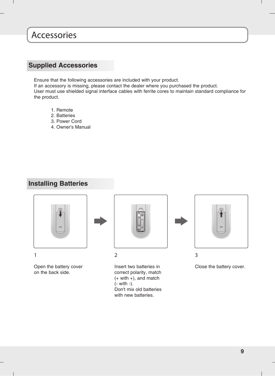 Accessories, Supplied accessories installing batteries | SOYO MT-SYJCP32B1AB User Manual | Page 9 / 74