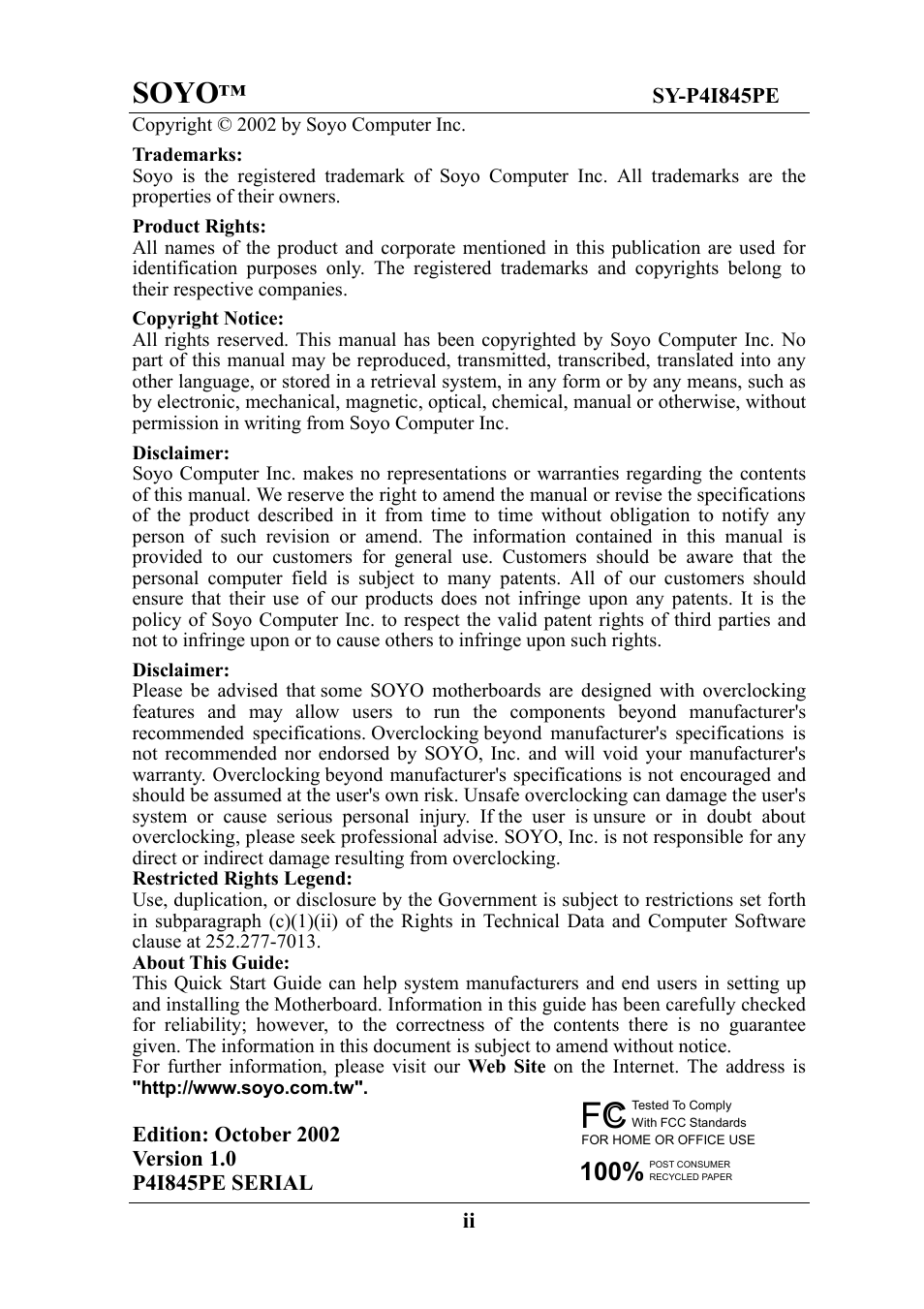 Soyo | SOYO SY-P4I845PE User Manual | Page 2 / 95