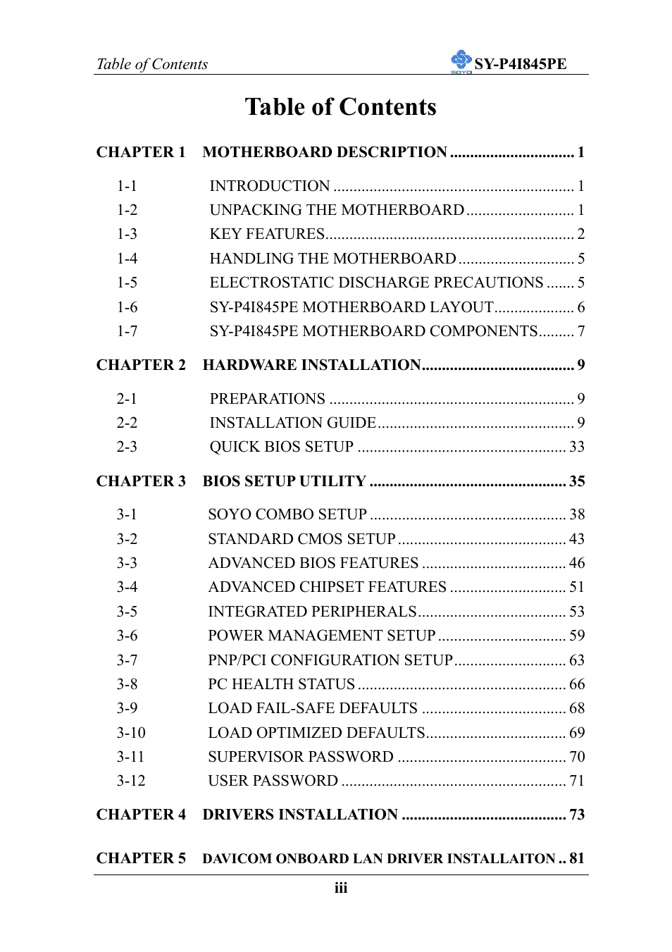 SOYO SY-P4I845PE User Manual | Page 3 / 95
