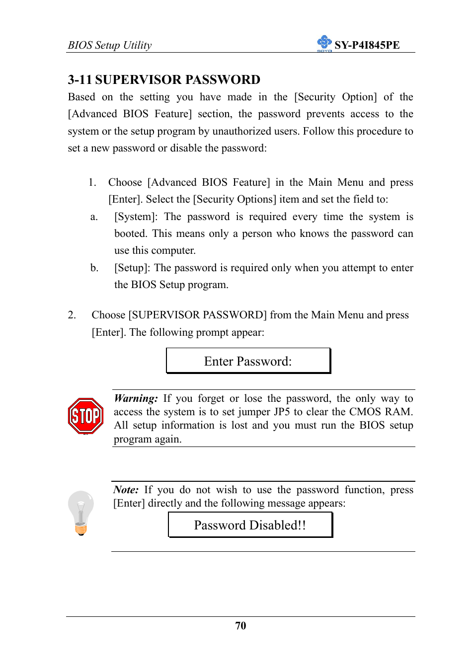 11 supervisor password, Enter password: password disabled | SOYO SY-P4I845PE User Manual | Page 74 / 95