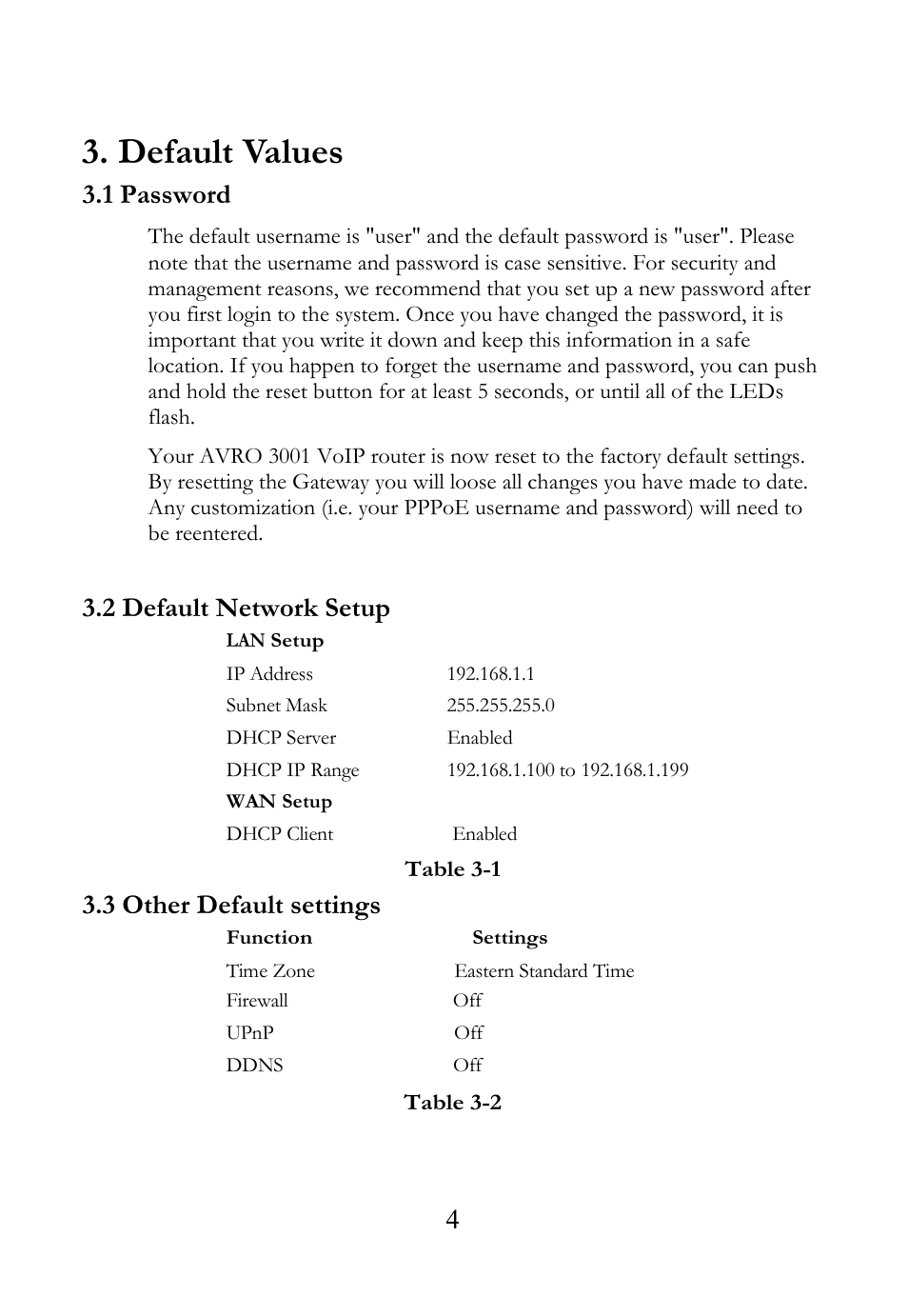 Default values, 1 password, 2 default network setup | 3 other default settings | SOYO AVRO3001 User Manual | Page 7 / 40
