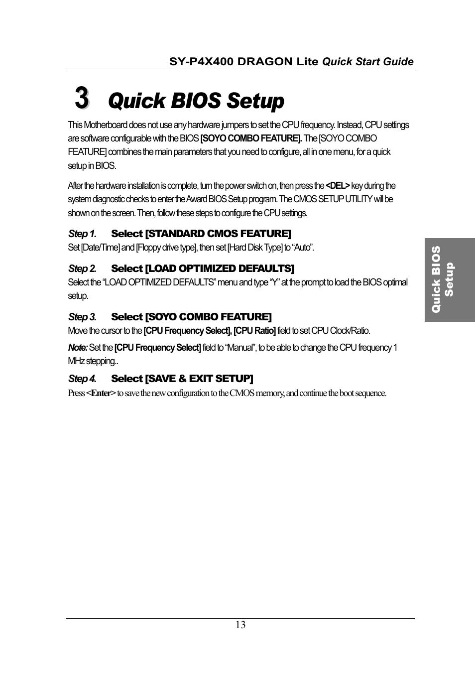 Quick bios setup | SOYO SY-P4X400 User Manual | Page 13 / 30