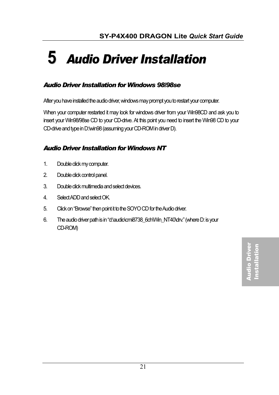 Audio driver installation | SOYO SY-P4X400 User Manual | Page 21 / 30
