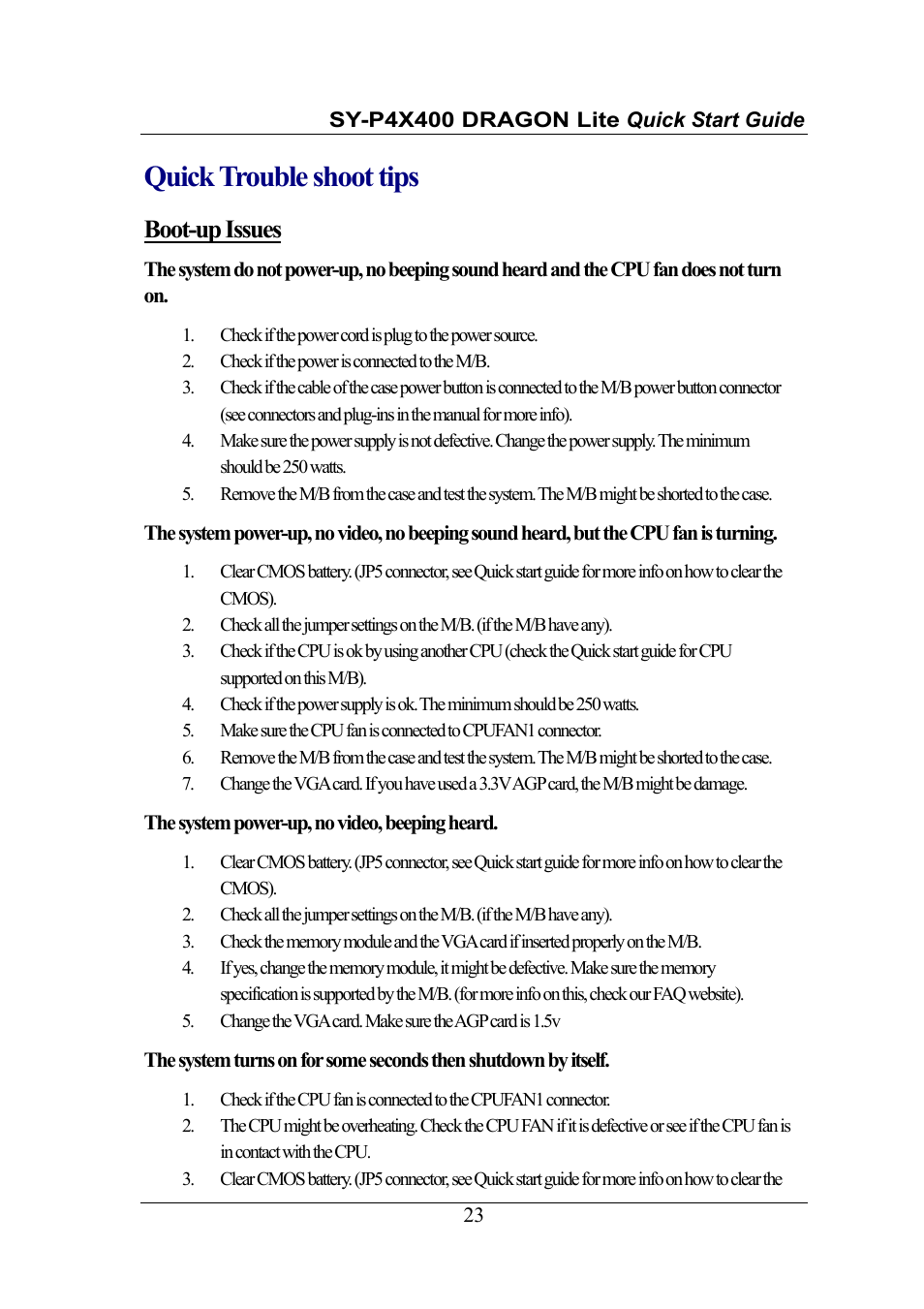 Quick trouble shoot tips, Boot-up issues | SOYO SY-P4X400 User Manual | Page 23 / 30