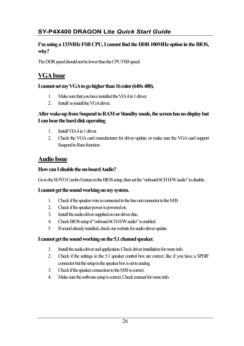 Vga issue, Audio issue | SOYO SY-P4X400 User Manual | Page 26 / 30