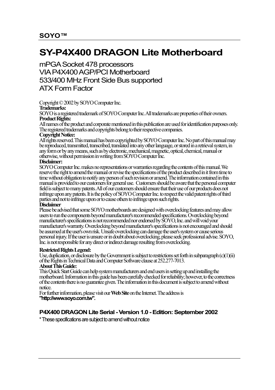 Sy-p4x400 dragon lite motherboard | SOYO SY-P4X400 User Manual | Page 3 / 30