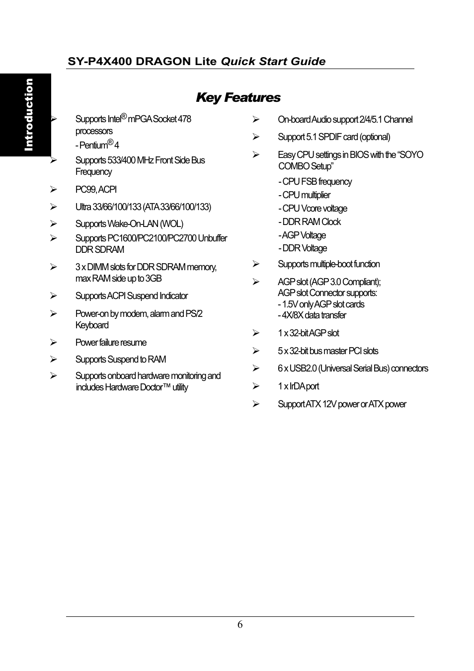 Key features | SOYO SY-P4X400 User Manual | Page 6 / 30