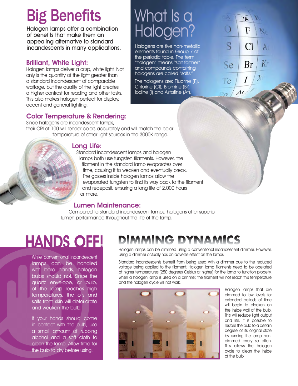 Big benefits, Hands off, What is a halogen | Satco Products Halogen Lamps User Manual | Page 4 / 28