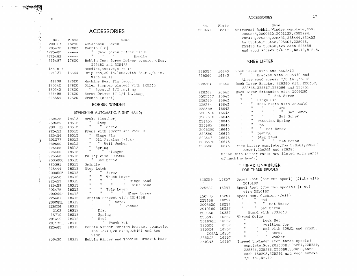 Accessories, Bobbin winder, Knee lifter | Thread unwinder | SINGER 112W140 User Manual | Page 10 / 32