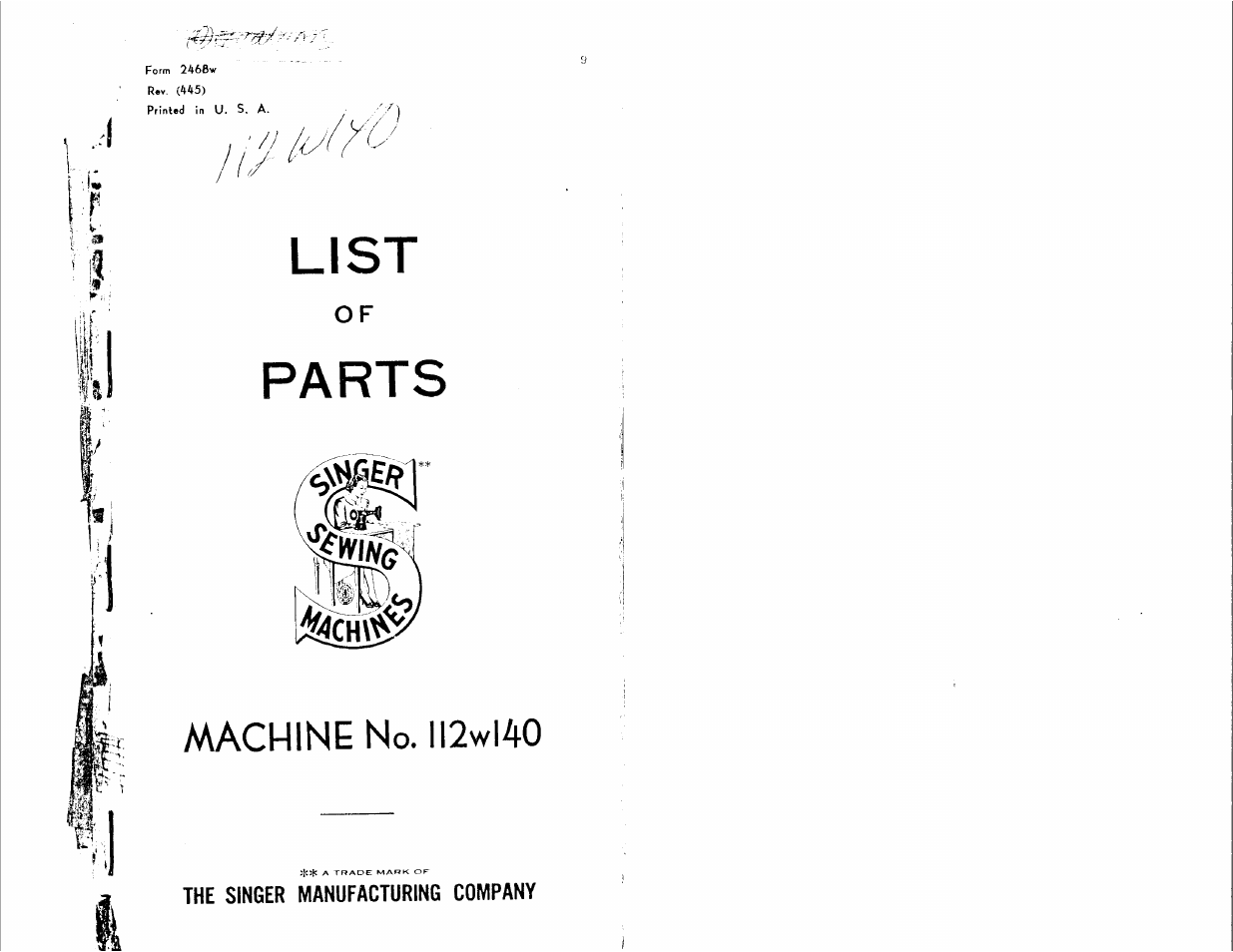 List, Parts, Machine no. il2wl40 | SINGER 112W140 User Manual | Page 2 / 32