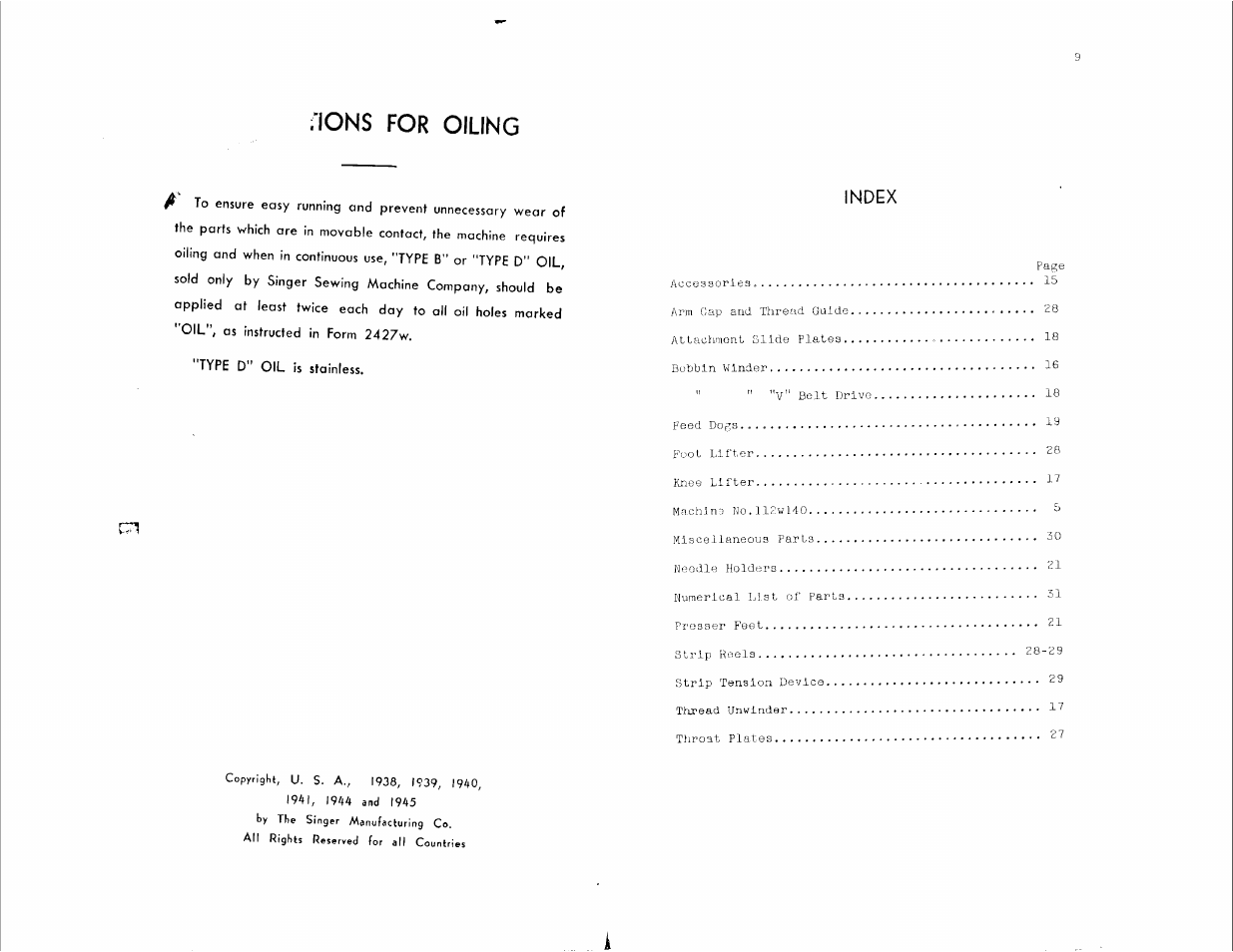 Ions for oiling, Index | SINGER 112W140 User Manual | Page 3 / 32