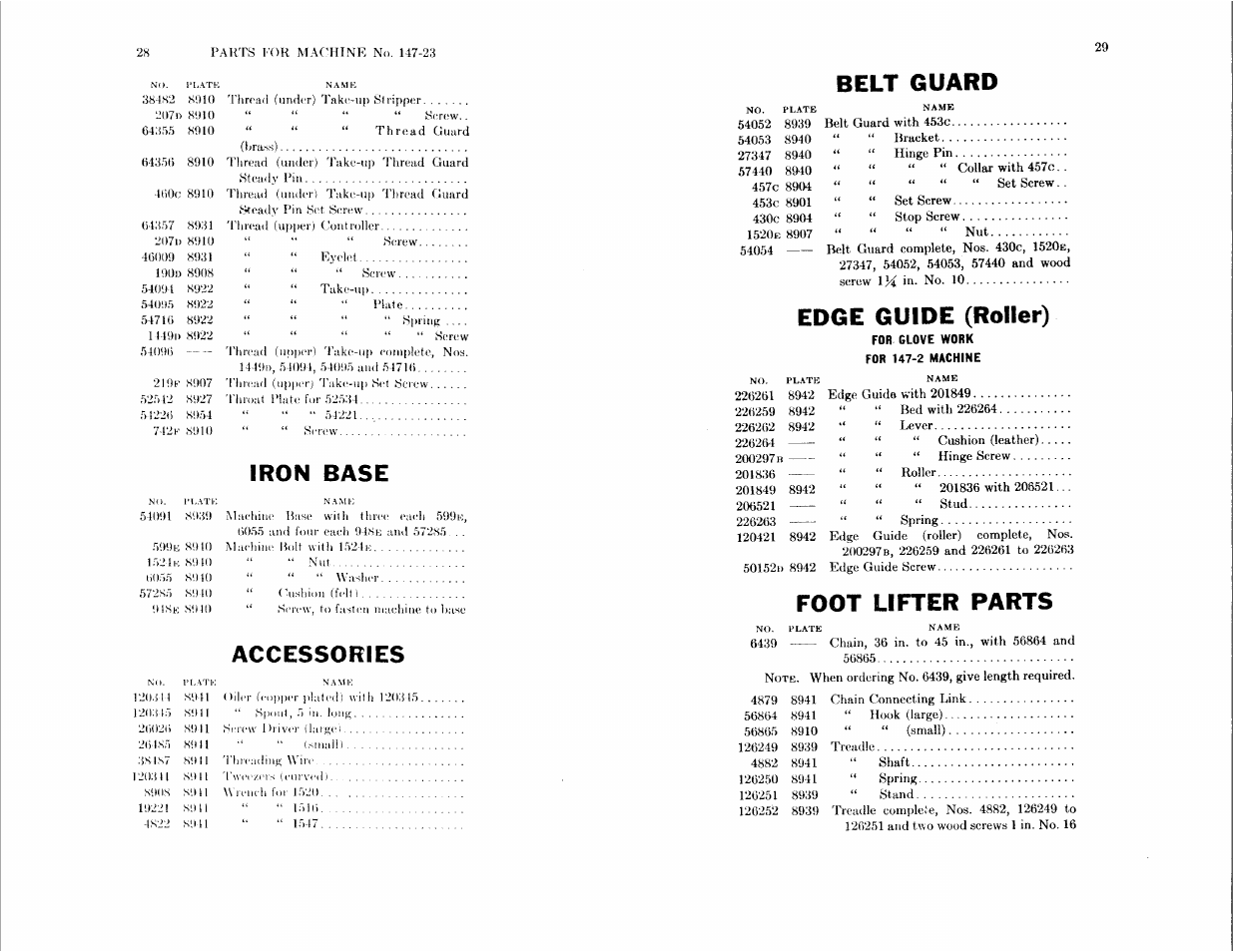 Iron base, Accessories, Belt guard | Edge guide (roller), Foot lifter parts | SINGER 147-23 User Manual | Page 14 / 30