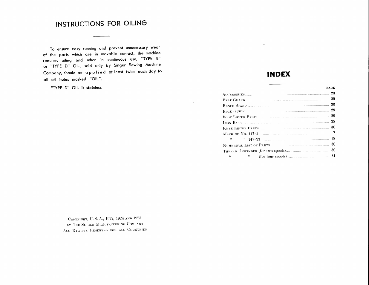 Instructions for oiling, Index | SINGER 147-23 User Manual | Page 2 / 30