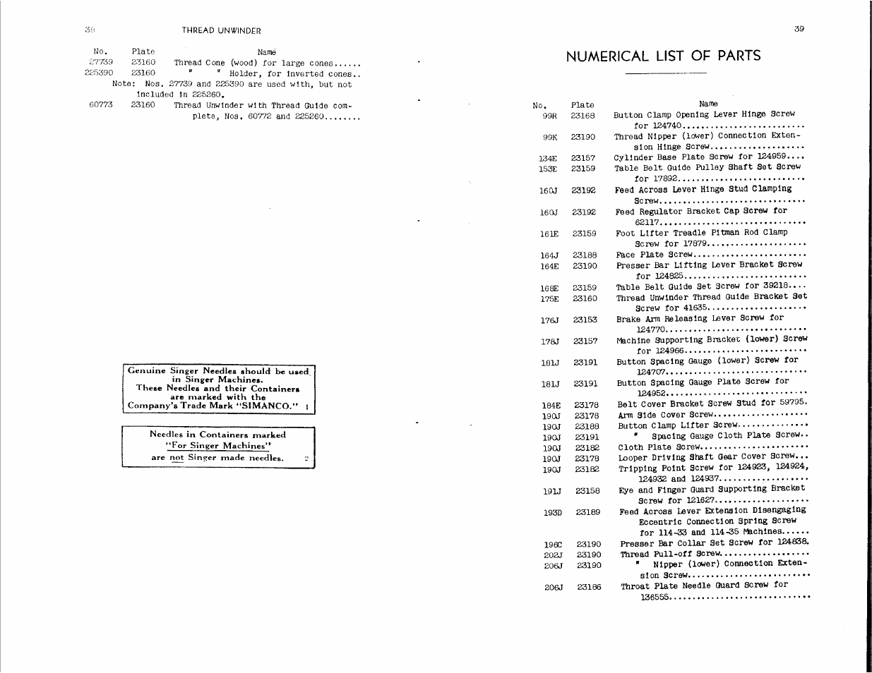 Numerical list of parts | SINGER 114-34 User Manual | Page 20 / 43