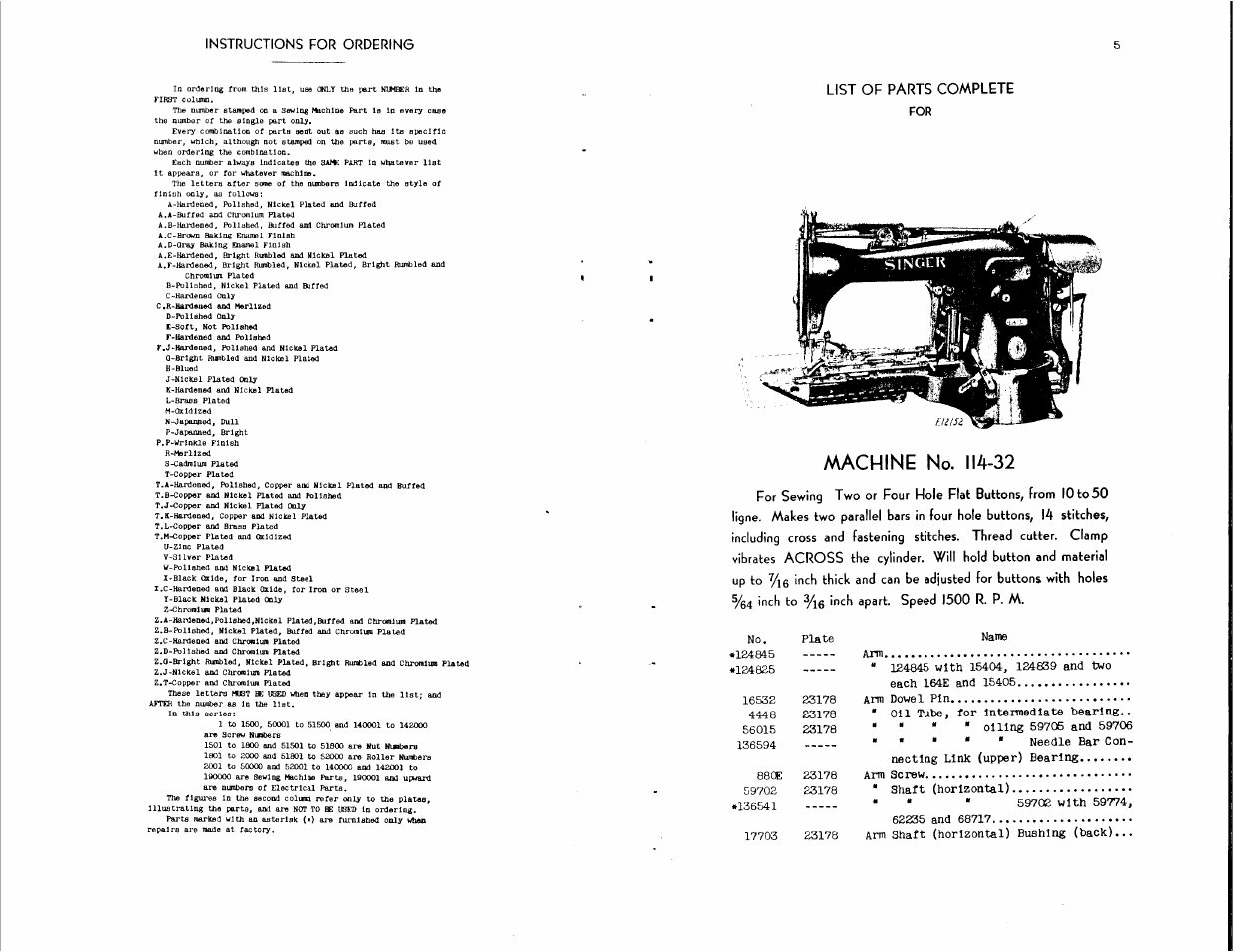 Instructions for ordering, Machine no. 114-32 | SINGER 114-34 User Manual | Page 3 / 43
